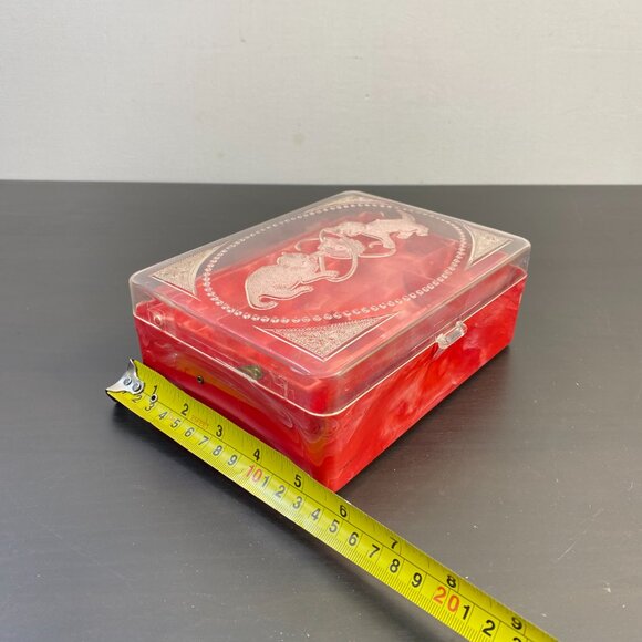 Hommer Mfg Co Hard Plastic Red Kitten Sewing Jewelry Box, Two Kittens on Lid, Co - Picture 6 of 10